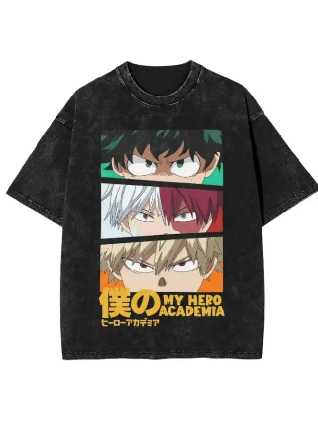 My Hero Academia Deku Bakugo Todoroki Vintage Washed Graphic Tee Oversized Heavyweight Cotton Anime Streetwear Boxy Fit Drop Shoulder Relaxed Fit Y2K Casual Unisex T Shirt
