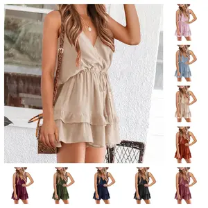 Imily Bela Womens V Neck Beach Tank Rompers Flowy Ruffle Layered Shorts Jumpsuit High Waist