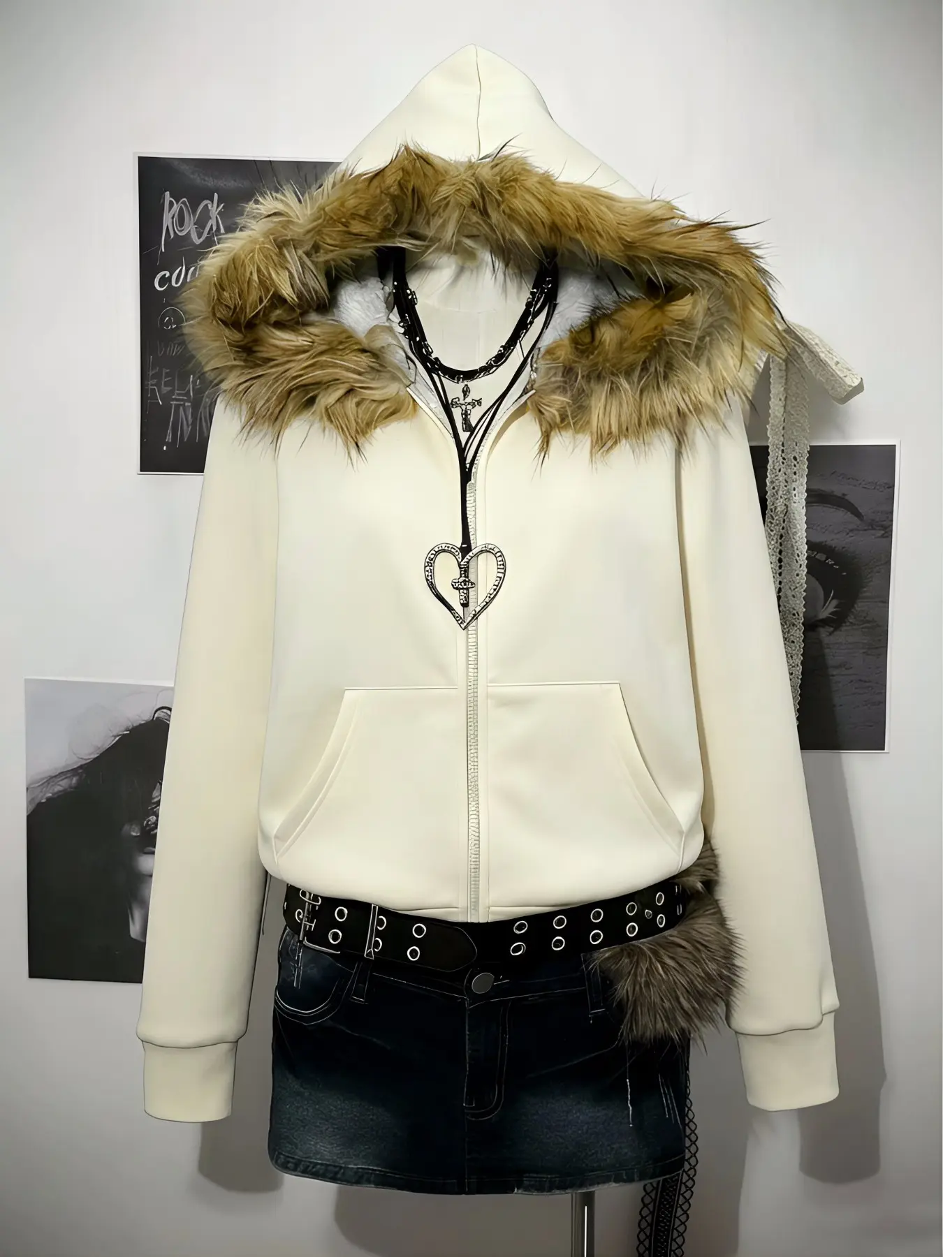 Y2K Gothic Black Faux Fur Hooded Solid Zip-Up Hoodie | Versatile
