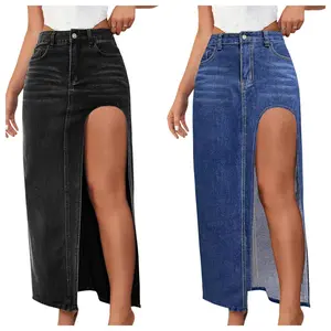 DUTUT Women's High Waist Denim Skirt with Sexy Split & Button Fly Maxi Length Casual Cotton Fashionable Retro Style Bottoms