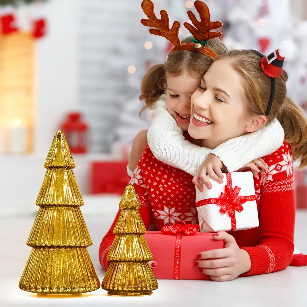 8" Gold Mercury Acrylic Glass Lighted Christmas Tabletop Tree, Vintage Ribbed Texture Battery-Operated Decor, Holiday Centerpiece for Mantel & Shelf (1 Pack)