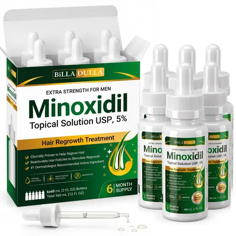 [Billa Dulla] 5% Minoxidil Hair Growth Treatment for Men & Women - Extra Strength Topical Solution USP 5 Percent for Hair Loss, Thinning Hair & Receding Hairline - Hair Regrowth Serum for Beard Growth & Fuller Thick Hair 3/6 Month Supply, 60ml per Bottle
