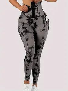 Women's Tie-Dye Print High Waist Yoga Pants, Tummy Control Butt Lifting Pocket Design, Fitted Sexy Button Fly Workout Bottoms, Athletic Leggings, Gym Exercise Activewear