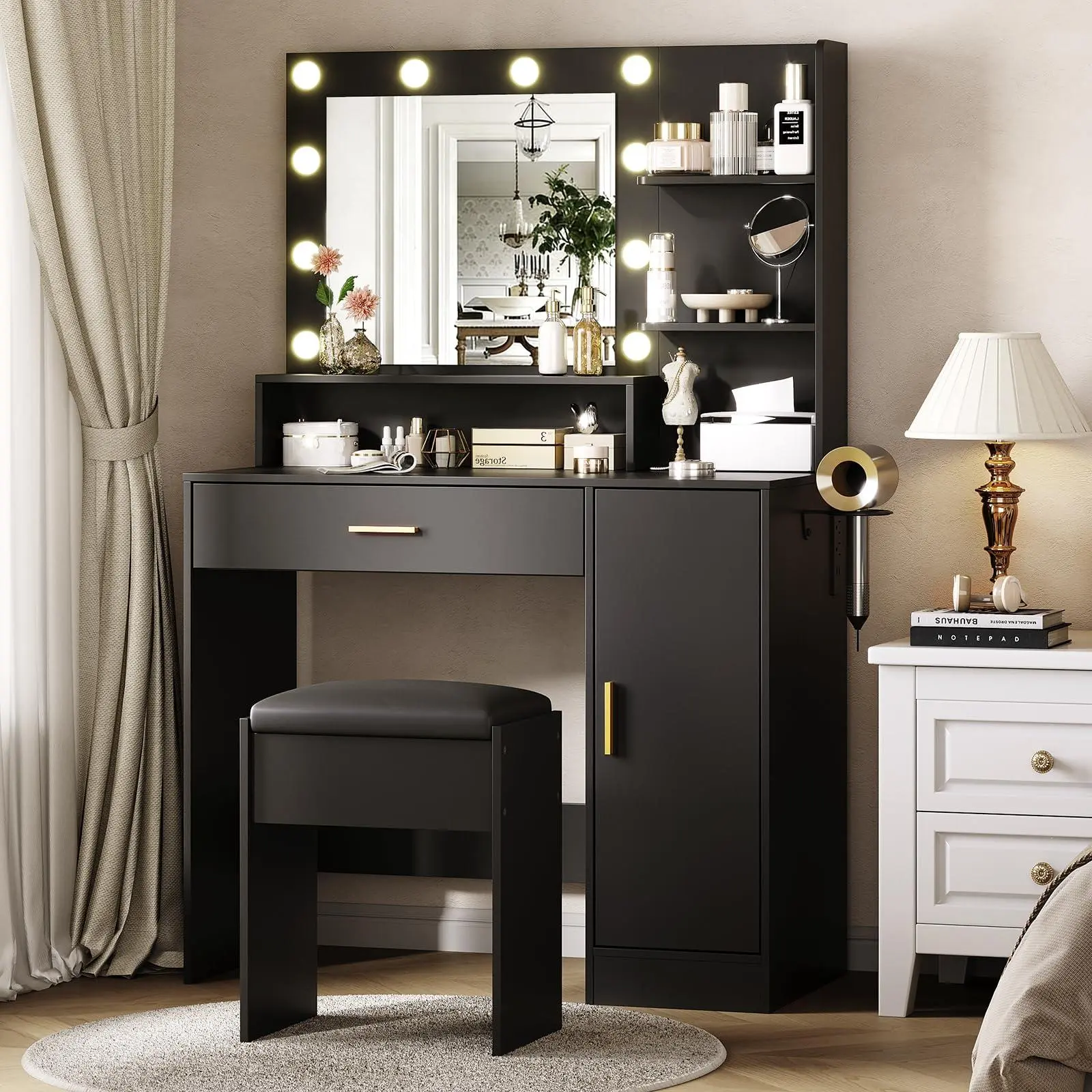 Vanity Desk with Mirror and Light, Makeup Dressing Table with Large Drawers and 3-Level Storage Dresser, 3 Lighting Modes Adjustable Brightness, Modern Vanity Set for Bedroom, Black
