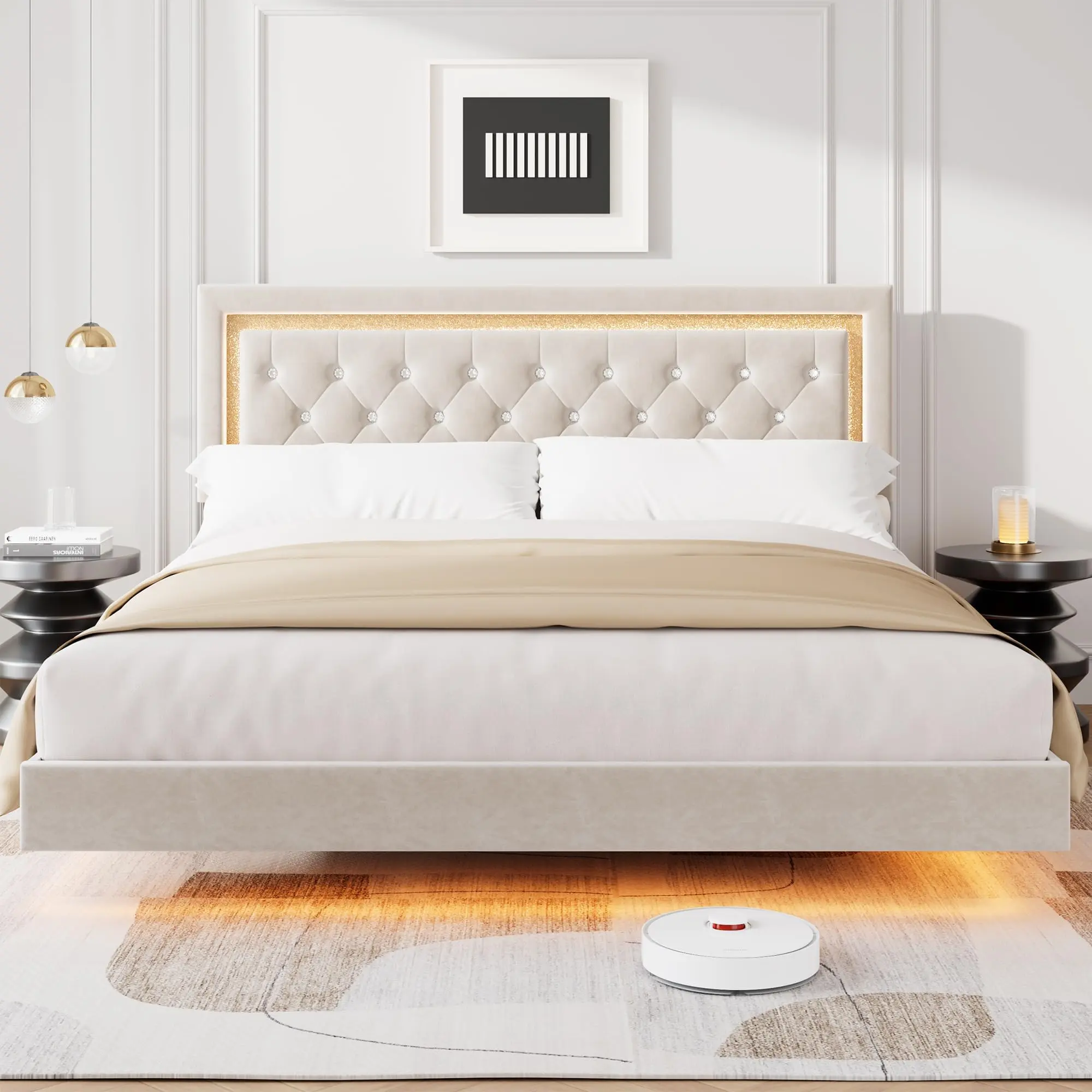 King Size Modern Floating Platform Bed Frame with Smart LED Lights, Diamond Tufted Upholstered Headboard, Sturdy Wood Slats, Noise-Free, No Box Spring Needed, Easy Assembly, Stylish Bedroom Furniture