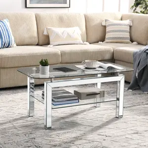 Rectangle Tempered Glass Coffee Table for Livingroom, Tea Table for Waiting Room, Modern Side Coffee Table with Mirrored Stainless Leg, Glass Tabletop with Lower Shelf, 20" D x 40" W x 18" H, Silver
