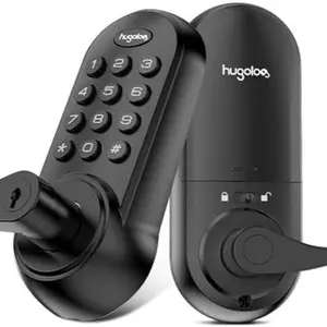 hugolog HU02-BLK Electronic Deadbolt Lock with Handle – Black Finish, Touchpad Code & Ke