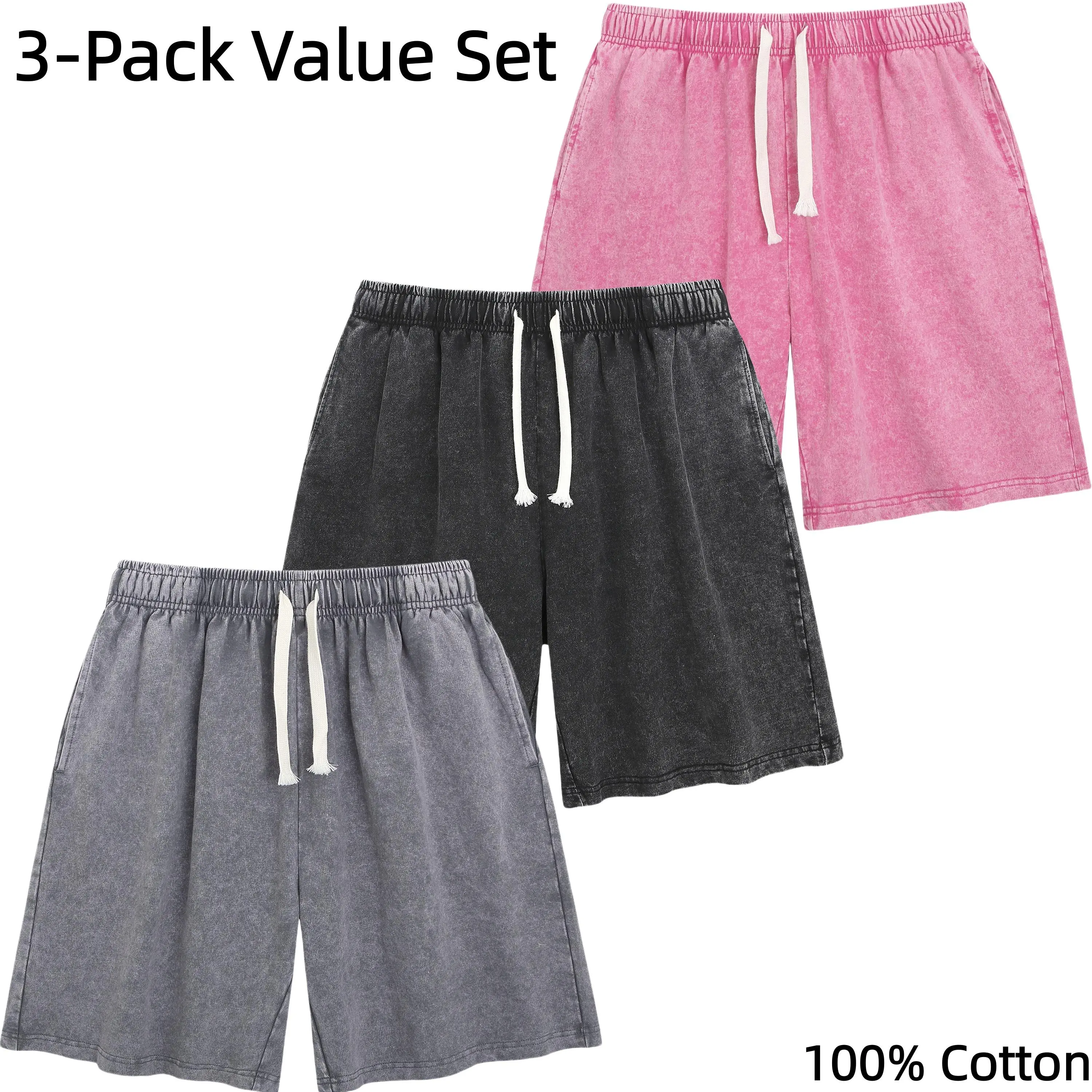 Men's 3-Pack 100% Cotton Loose Acid-Washed Distressed Vintage Baggy Knee-Length Shorts - Menswear Activewear, Elastic Drawstring Waist, Mineral Washed Pink, Side Pockets, Blank Basic Loungewear for Workouts & Summer Daily Outfits, Plain, Acid-Washed Distr