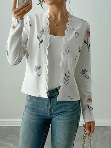 Digital Print Floral Long Sleeve Lace Trim Cardigan Knitwear Coat, Stylish Chic Women's Outerwear, Perfect for Casual & Everyday Wear