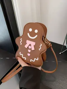 Cute Gingerbread Man Fashionable Crossbody Bag for Women, Adorable Smiley Face & Heart Bow Design, Zipper Closure, Hardware, Compact Wallet