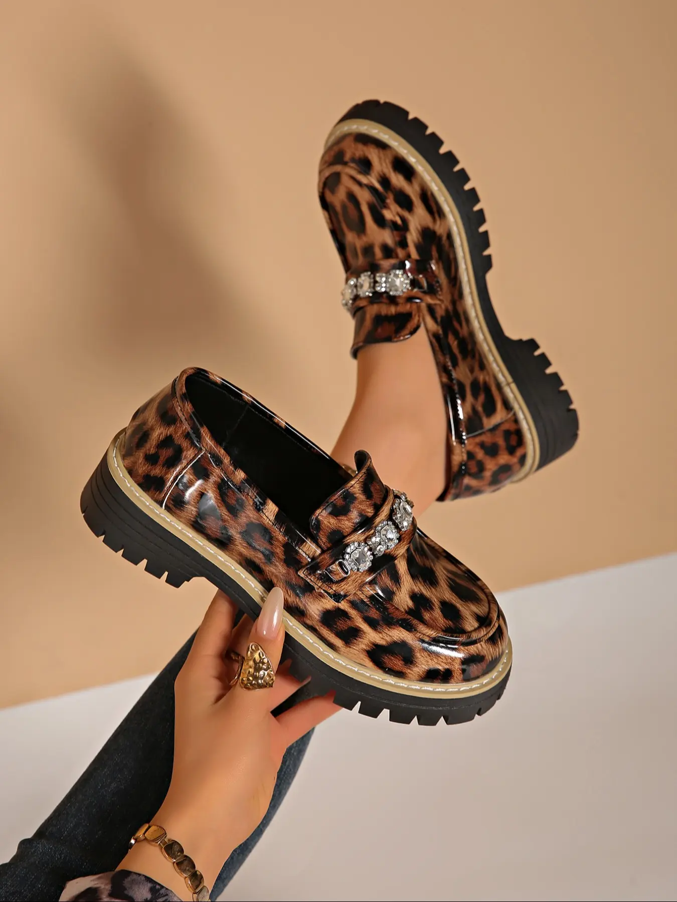 Women's Leopard Print Chunky Heel Loafers, PU Leather with Rhinestone Decor, Vintage Style, Casual All Season Shoes, Platform Loafers
