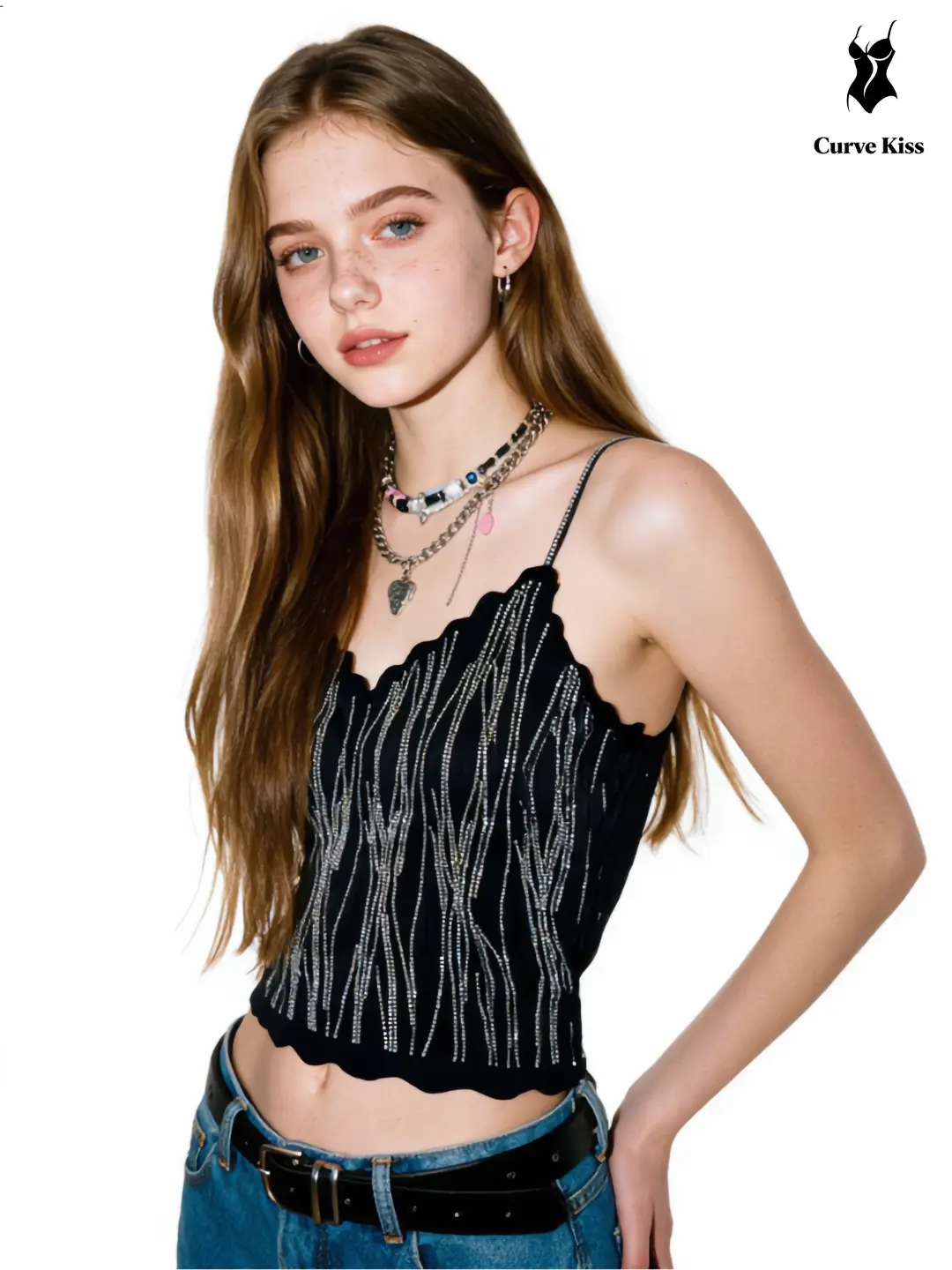 Women Shiny Vertical Rhinestone Spaghetti Strap Tank, Wave Edge Cute Slim Crop Camisole, Trendy Night Out Party Top