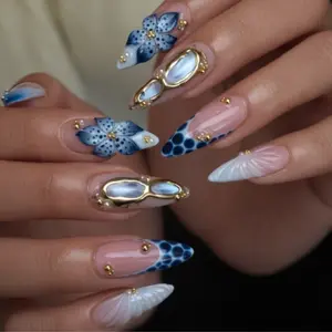 Blue Floral Chrome Press On Nails, Ocean Pearl French Tip Nails, Gold Aura Almond Nails, Elegant Shell Inspired Handmade Nail Art, Luxury Mermaid Nail Set