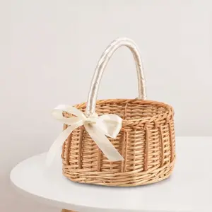 Handmade Woven Flower Basket with Handle Ribbon, Decorative Easter Candy Basket, Ideal for Gifts, Weddings, Camping, Home Decor, Party Centerpiece