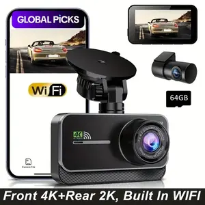 Dual Lens Dash Cam: 4K Front & 2K Rear/Interior, 3-Inch 2.5D Glass Display, Compact Design, Night Vision, Loop Recording, G-Sensor, Parking Monitor (Hardwire Needed), 64GB Card Included, Constant Power Connection, Wifi Dash Cam #GLOBAL PICKS