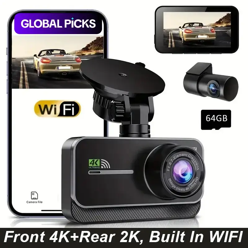 Dual Lens Dash Cam, Dashcams For Cars, 4K Front & 2K Rear/Interior, 3-Inch 2.5D Display, Compact Design, Night Vision, Loop Recording, G-Sensor, Parking Monitor (Hardwire Needed), 64GB Card Included, Constant Power Connection, WiFi Dashcam