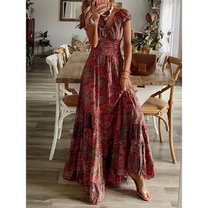 2026 New Bohemian Style Long Dress, Waist-Cinching Floral Print Maxi Dress for Women's Fashion, Elegant Flower Pattern Maxi Dress