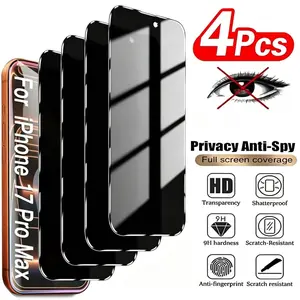 4pcs Anti-spy Privacy Protective Screen Protector for iPhone 17 Air/17/16/15/14/13/12/11/Pro/Pro Max/Plus/Mini/16e/XR/X/XS/XS MAX/7/8/SE,Full Coverage,High Definition Clarity,9H Hardness,Anti-Scratch,Touch Sensitive,Easy to Install, Accessories