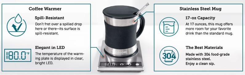 COSORI Coffee Mug Warmer & Mug Set, 17 oz Beverage Cup Warmer for Home & Office, Touch Tech & LCD Display, 304 Stainless Steel, Ideal Coffee Gift
