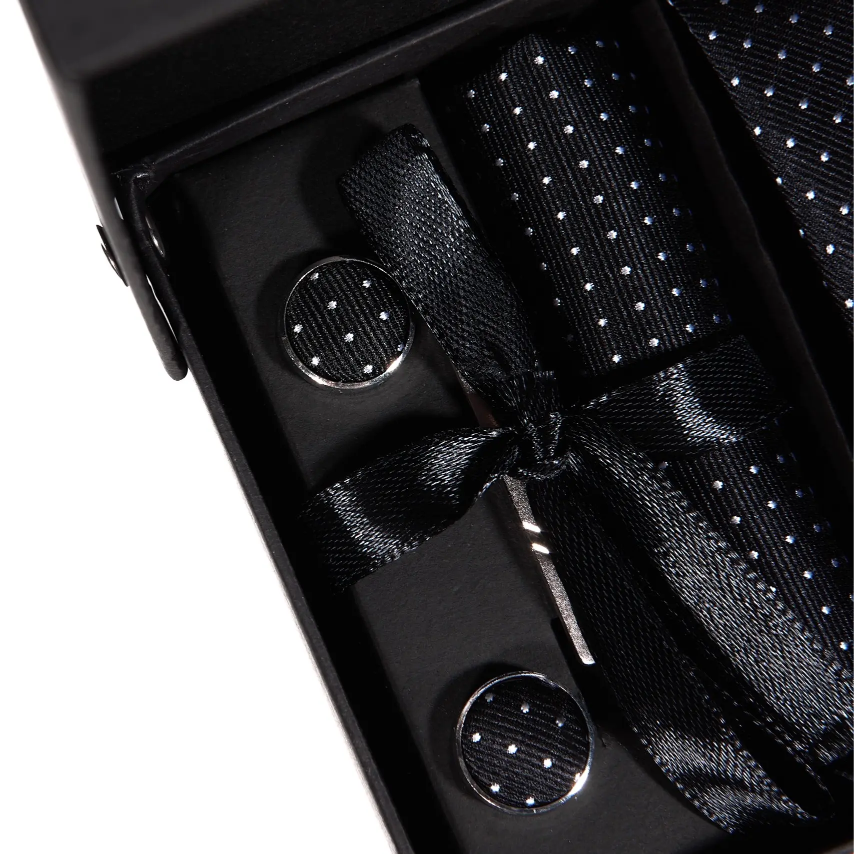 Men's Tie Gift Set – Tie, Cufflinks, Handkerchief & Clip | Classic Black Dots