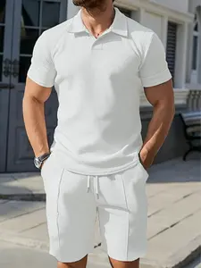 Men's Casual Set, Plain Short Sleeve Polo Shirt & Adjustable Waist Shorts, Perfect Summer Match, Suitable for Daily and Outdoor Wear, Menswear