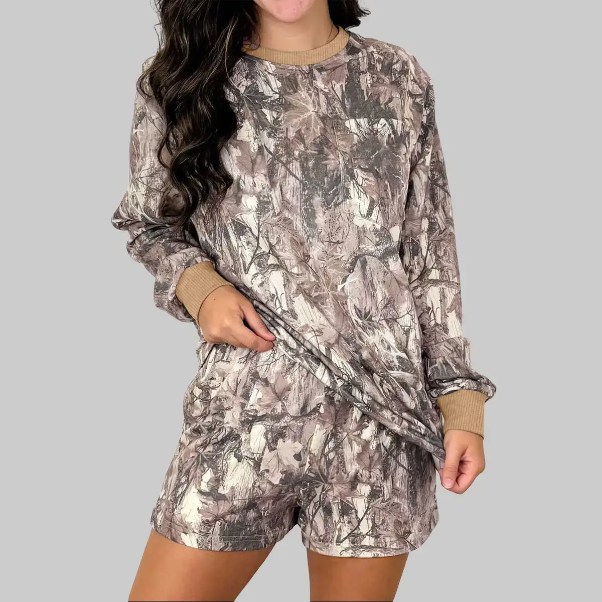 Women's Khaki Woodland Camouflage Streetwear 2-Piece Set, Floral Pattern Loose-Fitting Military-Inspired Streetwear Long Sleeve Top & Casual Short with Elastane, Polyester, Shorts, Easy Movement For Hiking, Outdoors, Coordinated Camo Pattern, Clothes