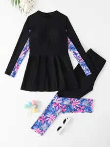 Girls' Plant Print Design Long Sleeve Patchwork Dress, Two-Piece Swimsuit Set, Sporty Beachwear, All Seasons, Slim-Fitting Swimwear, Swimwear Outfits, Swimwear Sets