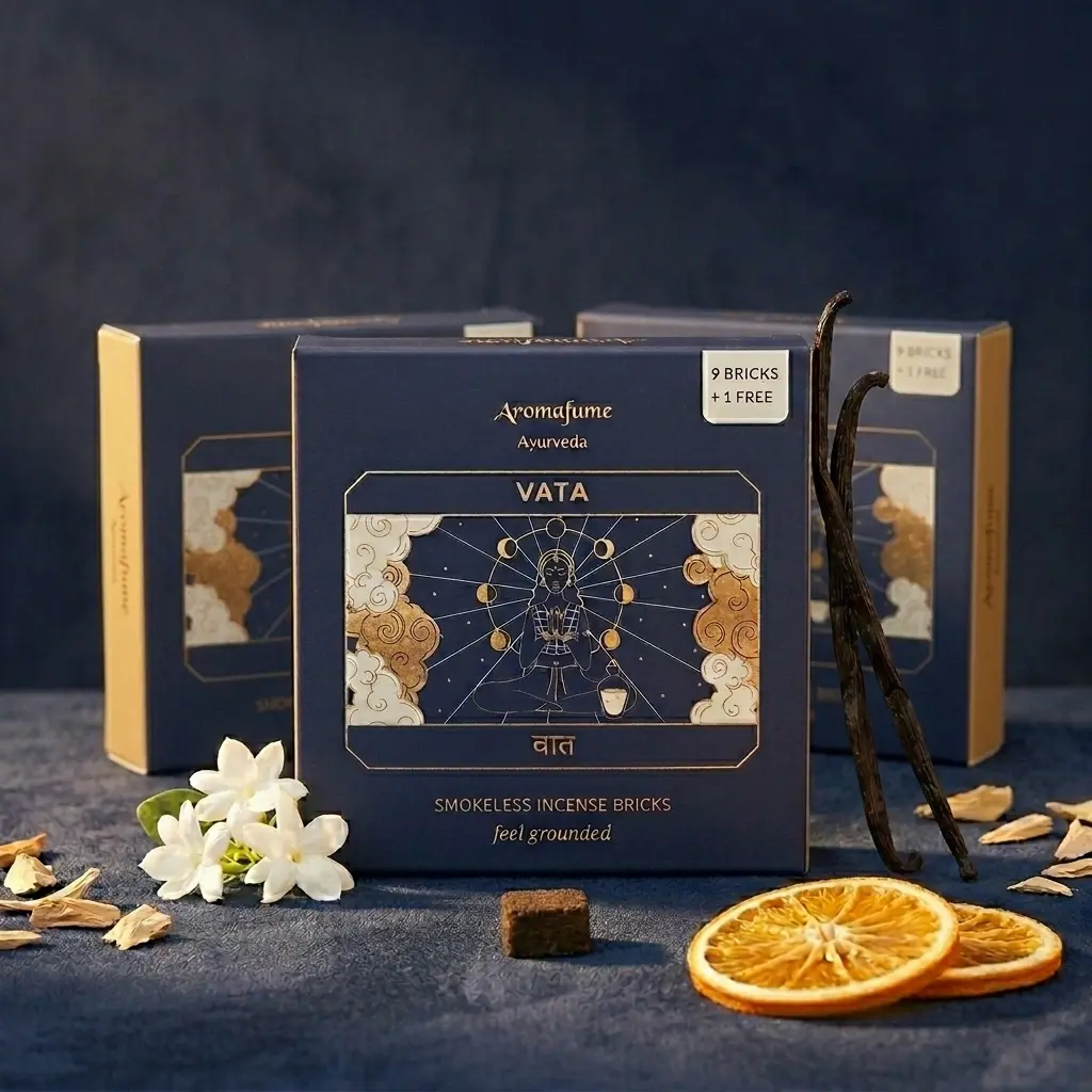 Orange & Vanilla Ayurveda Incense Bricks | Vata Balancing | Aromatherapy Incense | Use for Stress Relief & Grounding | Smokeless & Non-Toxic | 3 Trays x 9 Bricks | Refill Pack | Aromafume