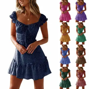 Beotyshow Women's Summer Ruffle Sleeve Sweetheart Neckline Printing Dress Mini Dress