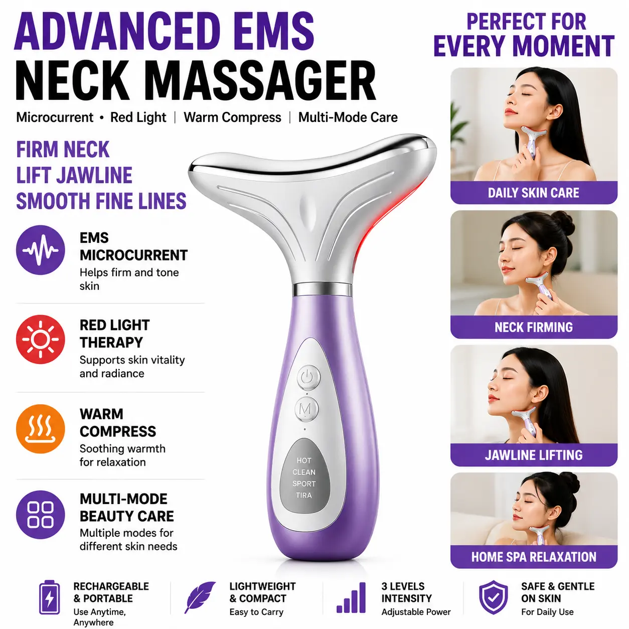 Neck Massager with Microcurrent, Red Light Therapy & Warm Compress, Neck Tightening Beauty Device for Neck Firming, Fine Line Care, Jawline Lifting, Daily Skin Care & Home Spa Use