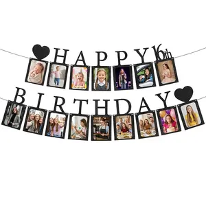 Glitter Happy 16th Birthday Photo Banner, 16th Birthday Decorations for Him Her, Sweet 16 Party Supplies, Milestone Photo Garland, Photo Backdrops, Wall Hanging Backdrop, Hanging Banners