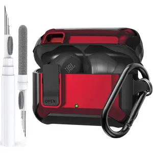 Compatible with JBL Vibe Beam/Beam 2 Case Cover Lock Clip with Cleaner Kit,Cool Protective JBL Vibe 200TWS Cover Men Women with Carabiner for JBL Vibe Beam 2 Charging Case - Red