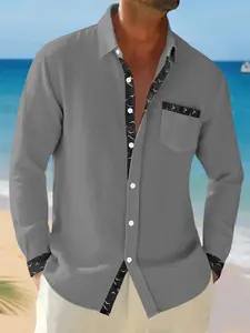 Men's Fall Outfits Linen Colorblock Button Front Polo Shirt for Daliy Wear, Old Money Chest Pocket Design, Casual Versatile Wardrobe Essential for Vacation.