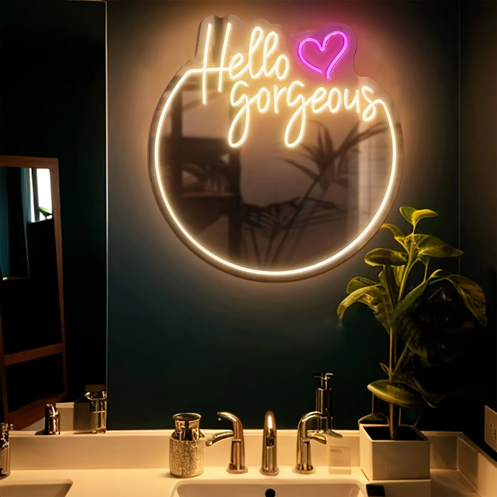 "Hello Gorgeous" Neon Sign Mirror,,suitable for vanity table, bathroom decor,girls' bedroom, vanity decor, wedding, birthday party,Heart Shape,Warm White Pink LED light,dimmable LED light ,USB-Operated LED Vanity Mirror Light,43cm*39cm
