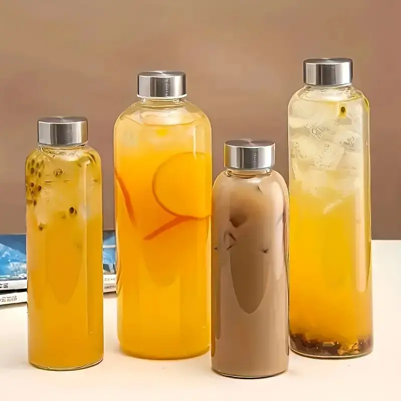 1pc Borosilicate Glass Bottle with Stainless Steel Lid & Bamboo Lid - Leak-Proof, High-Temp Resistant, Reusable for Travel, Storage of Drinks, Juice, Slush, Kombucha, Kefir