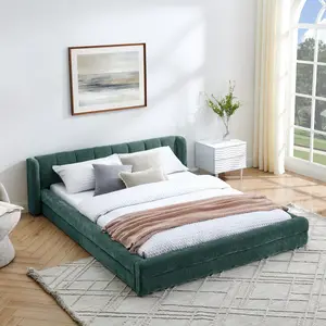 Queen Size Upholstered Bed Frame with Thick Fabric, Chenille Fabric Grounded Queen Size Platform Bed with Headboard and Solid Frame-GREEN+Blue(87''*67''*23.5'')