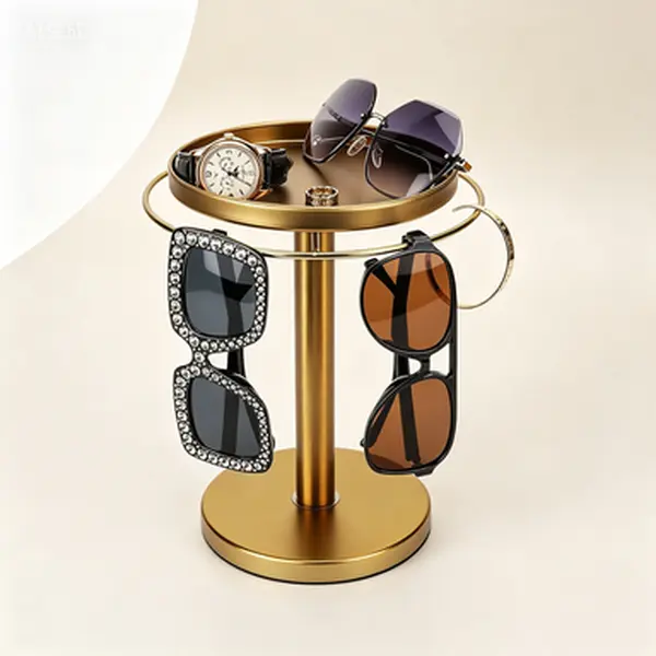 Gold Minimalist Stainless Steel 360° Rotating Sunglass Organizer Stand - Vanity Desk Dresser Tabletop Holder with Rotatable Base for Bracelet, Room Storage & Home Decor Gift