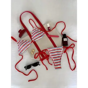 Two-PieceSetWomen'sStripedPrintBikiniSet,CasualFashionChicAdjustableStrapSwimTop&SwimBottomTwo-pieceSwimsuitforBeachHolidayVacation,LadiesSummerClothes