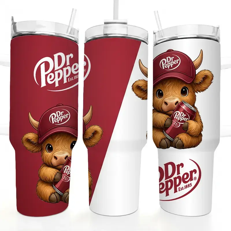 Cute Cow Pepper Inspired Tumbler 40oz With Handle Straw Steel Stainless, Funny Cartoon Cow Plaid Mug, Flasks For Soda Lovers, Coffee & Water Hydration Mug, Gift For Pepper Lovers,  Drinkware Viral Gift Idea For Him Her, Easy To Clean, Washable