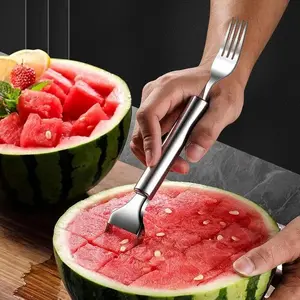 2-Pack Upgraded Watermelon Fork Slicer Cutter Tool, 2-in-1 Stainless Steel Fruit Cutter, Dual Head Fruit Forks Slicer Knife with Round Handle for Kitchen, Home Party Camping Gadget