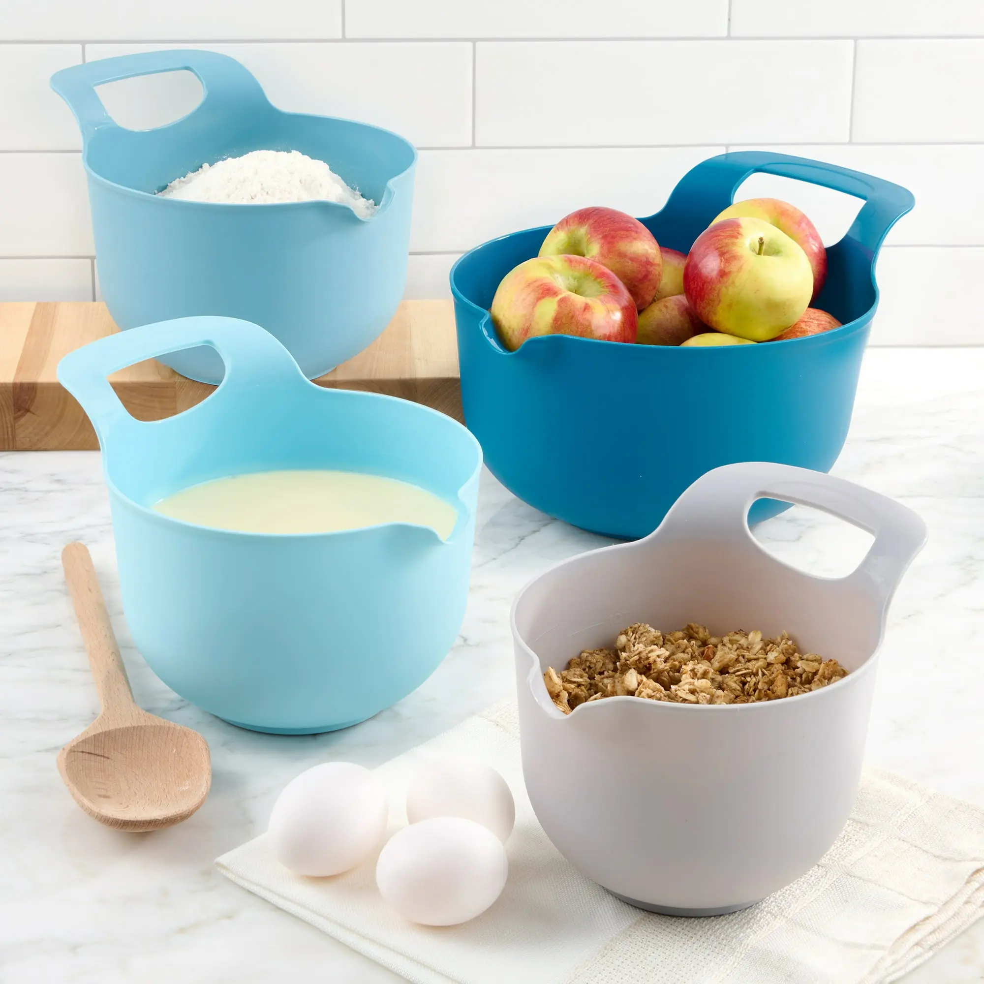 4 Piece Nesting Mixing Bowl Set, Blue - Plastic Mixing Bowls with Pour Spouts & Handles - 3qt 2qt 1.5qt 1qt - Microwave & Dishwasher Safe Kitchen Bowls