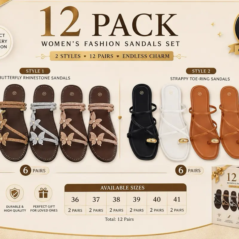 12-Pack Women’s Fashion Sandals Set – Rhinestone Butterfly & Strappy Toe-Ring Flat Sandals, Assorted Colors, Sizes 36–41