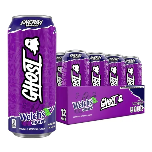 Welch's Grape Flavor Natural Energy Drink for Adults, 12-Pack 16oz Cans - 200mg Natural Caffeine, L-Carnitine, Taurine - Energy & Focus Support - No Artificial Colors, Sugar, Sucralose - Gluten-Free, Vegan, Halal