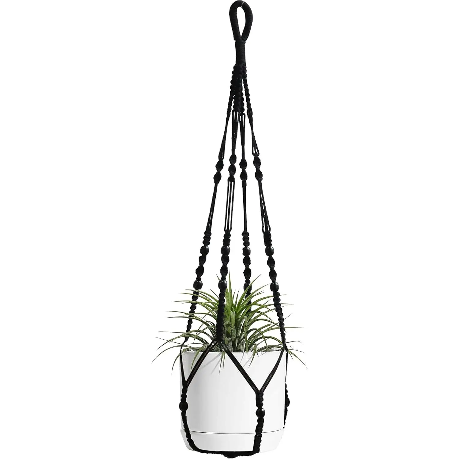 Macrame  Hanger Indoor Hanging with  Beads Macrame Planters No Tassel for Indoor Outdoor Boho Home Decor 35 Inch (Black,1pc)