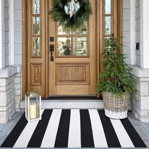 Black and White Area Rug 27.5x43 Inches Striped Front Door Rug Cotton Washable Indoor Outdoor Rug Doormats Outdoor Small Striped Rugs for Kitchen Entryway