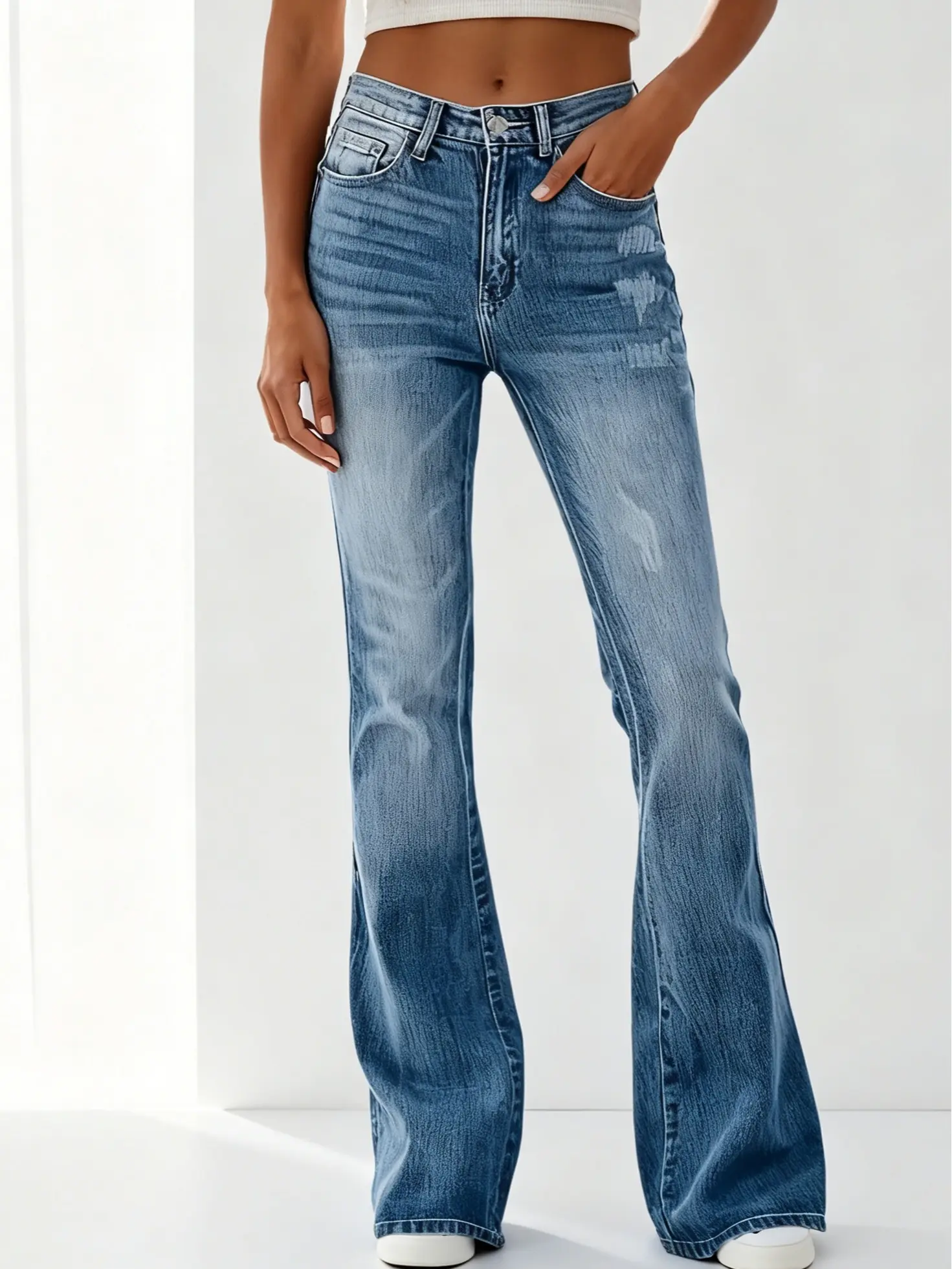 Women's High-Waist Side-Distressed Ripped Bootcut Floor-Length Jeans Medium Light Gradient Whisker Wash StretchSlim-Flare Denim Pants for Y2K Casual Daily Streetwear IWomenswear Bottom