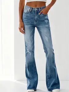 Women's High-Waist Side-Distressed Ripped Bootcut Floor-Length Jeans Medium Light Gradient Whisker Wash StretchSlim-Flare Denim Pants for Y2K Casual Daily Streetwear IWomenswear Bottom