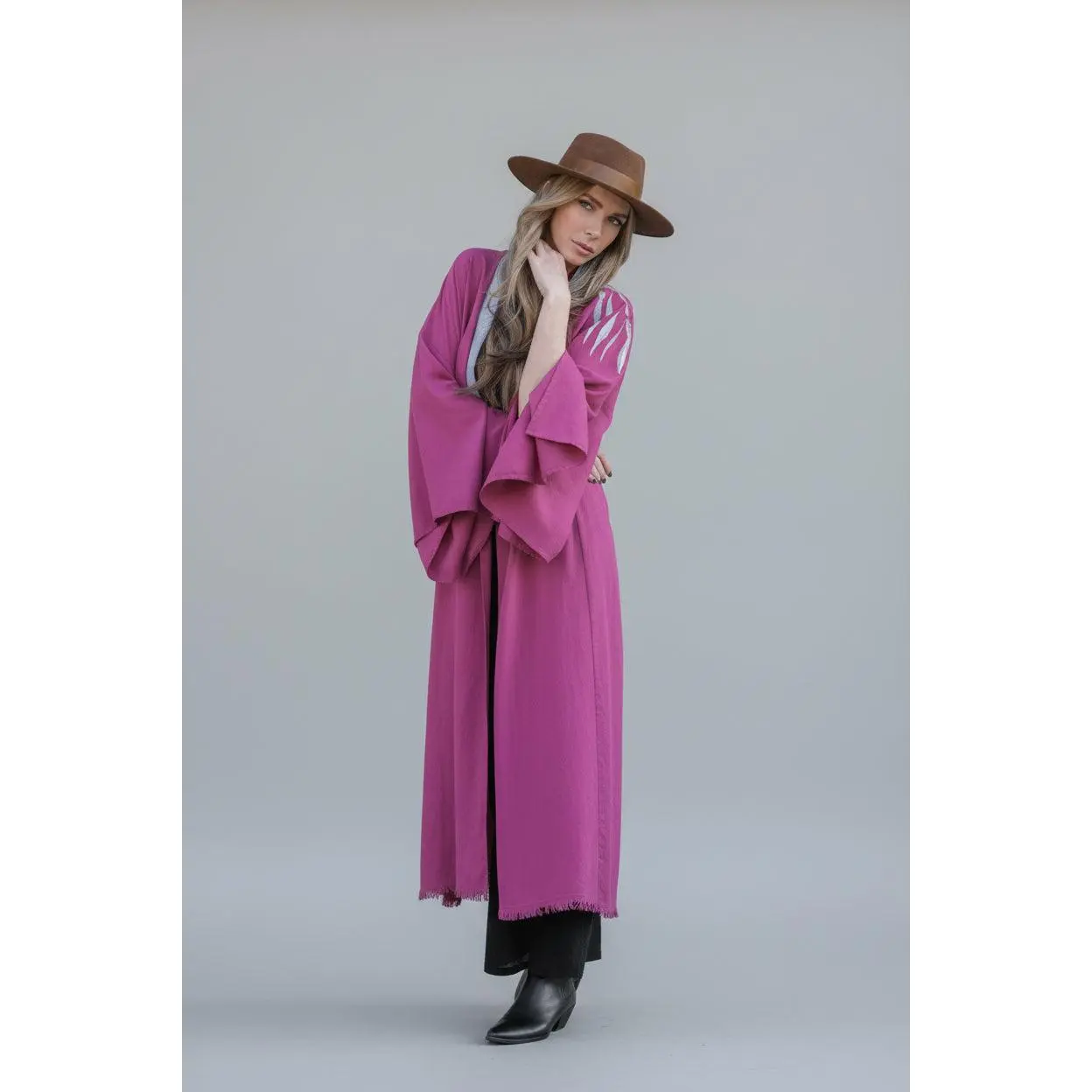 Women's Hand-Painted Linen Cotton Kimono, Artistic Open Front Jacket with Letter Affirmations, Fringe Hem & Sash, Women's Clothes, Clothes, Traditional, Letters, Love-Inspired, Hand-Written Affirmation, Everyday Wear, Casual, Hand-Pleated Sleeves, Long
