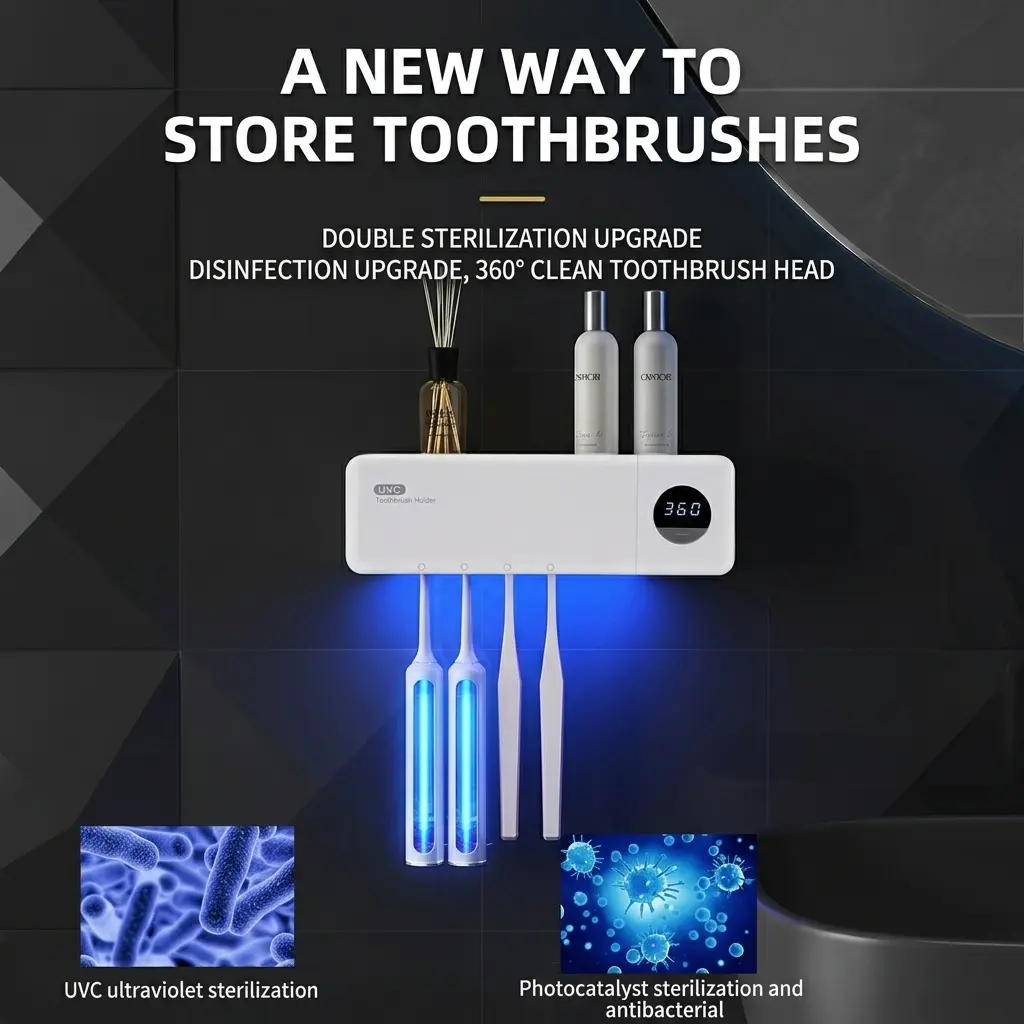 ABS Plastic Compact USB-Charging Smart UV Toothbrush Sanitizer - 360s Digital Display, Disinfection Function, Single Unit for Home Bathroom Countertop Toothbrush Storage