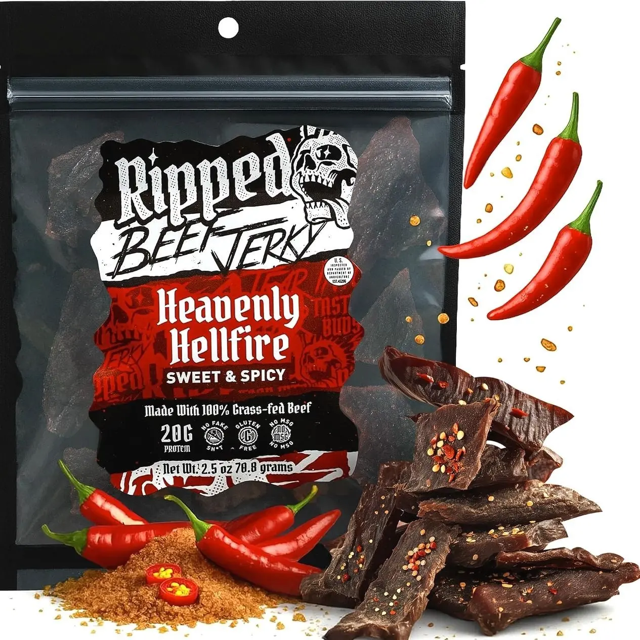 Ripped Beef Jerky - 100% Grass Fed Beef, 20g Protein, Real Ingredients, Gluten Free, No MSG, Made in USA (Pack of 3, Sweet & Spicy)